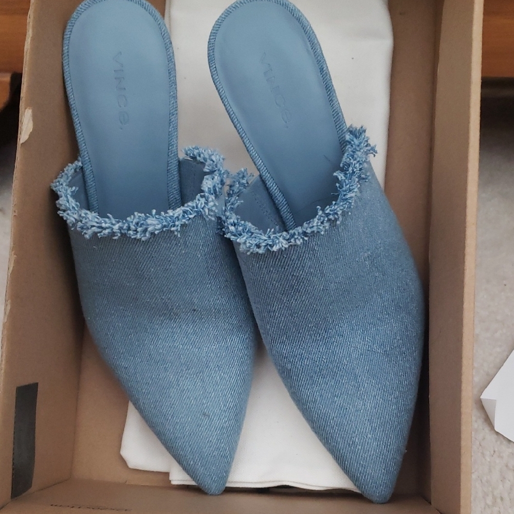 Vince Frayed Denim Blue Mules